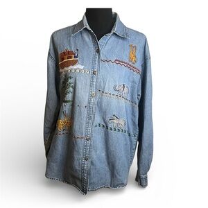 Vintage WOMENS Sz L NOAH'S ARK DENIM BUTTON-UP SHIRT Embroidered 100% Cotton